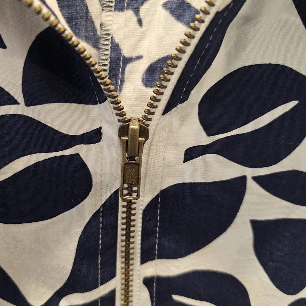 KikiSol Navy Leaf Print Cotton Zip Front Tunic Jacket Size XL Lightweight Boho R - Picture 2 of 12